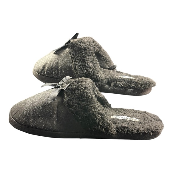 Black Fuzzy Slippers with Bows – Size XL (11) - Picture 3 of 6